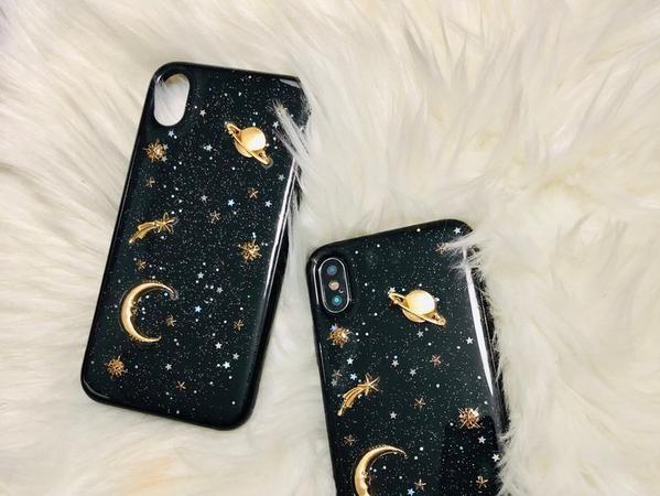 Gold moon stars planet glitter soft phone case