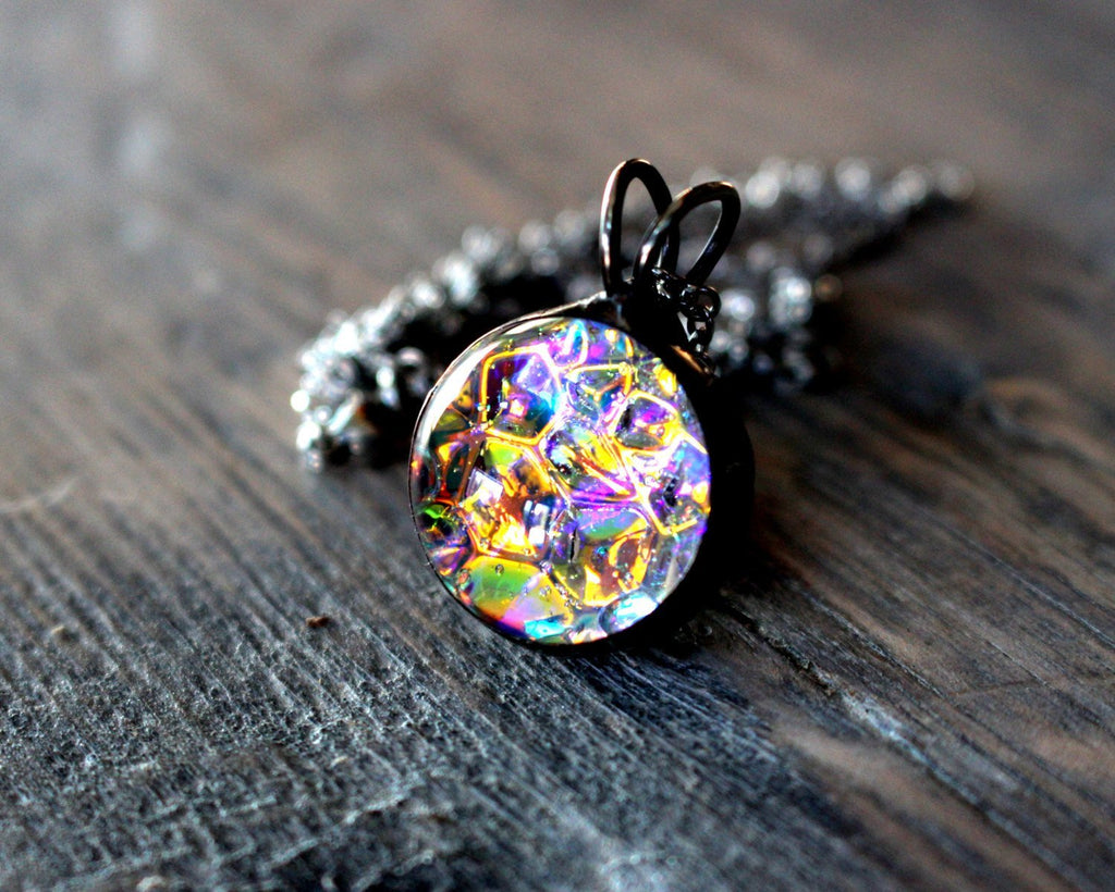 Psychedelic Dichro Statement Necklace Bright Colorful Color Shift Stained Glass Pendant Necklace Music Festival Rave EDM Accessories
